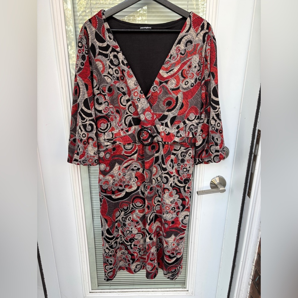 Penningtons 2x Abstract Pattern Faux Wrap Dress w Gathered Bracelet Sleeves EUC